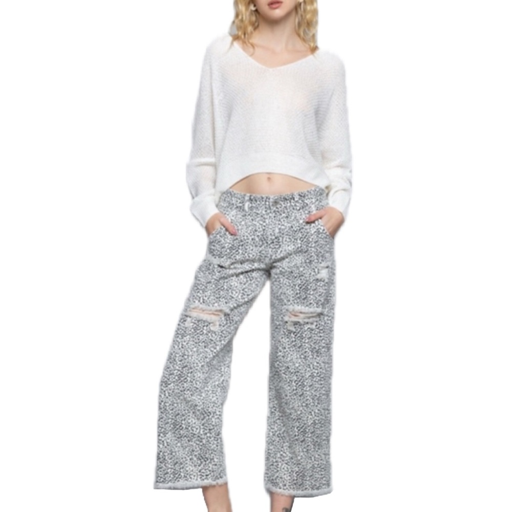 POL Leopard Print Distressed Wide Leg Jeans Medium